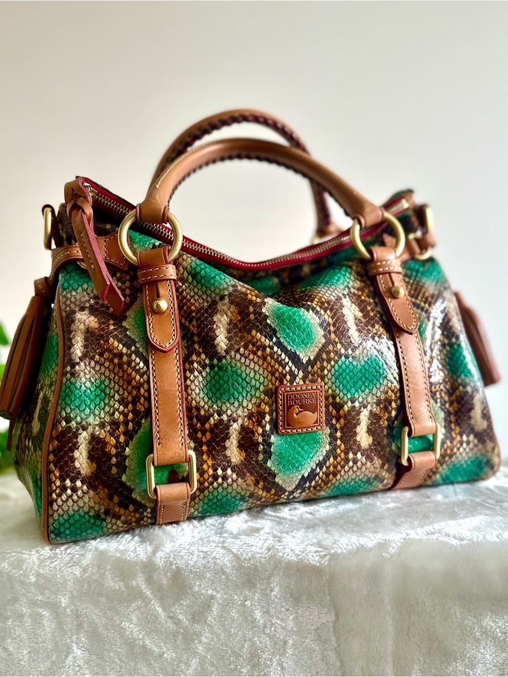 Dooney & Bourke Teal Python Embossed Florentine Satchel and Wristlet Set NWT
